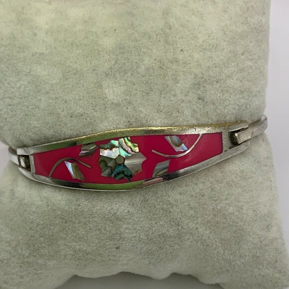 Alpaca Mexico Vintage Pink Silver Abalone Flower Inlay Bangle Bracelet - Picture 3 of 7